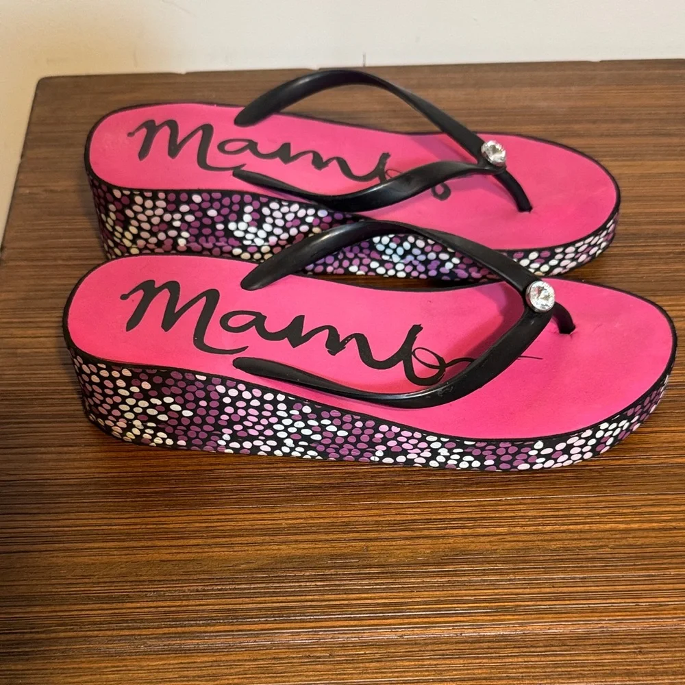 Mambo Pink Platform Flip Flop Sandals with Rhinestone Accent - Picture 1 of 10
